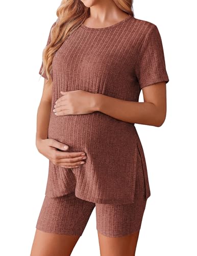 Ekouaer Women's Maternity 2 Piece Sets Short Sleeve Shirts and Biker Shorts - color: Caramel, size: Small