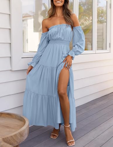 ZESICA Womens Fall Long Sleeve Boho Off Shoulder Maxi Dresses - color: Light Blue, size: XX-Large