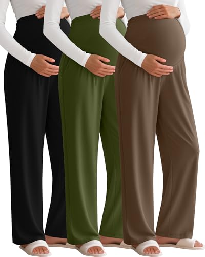 3 Pack Women's Maternity Lounge Pants with Pockets - color: Black, Army Green, Coffee, size: Small