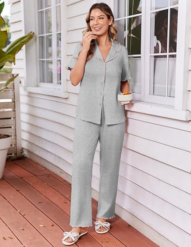 Ekouaer Womens Pajama Sets Short Sleeve Printed PJs Button Down Sleepwear - color: Light Grey, size: Large