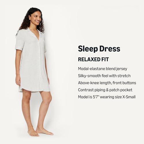 Amazon Essentials Women's Modal-Blend Nightgown, Short Sleeve Button-Down - color: Light Grey Heather, size: Medium