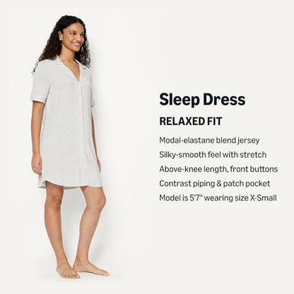 Amazon Essentials Women's Modal-Blend Nightgown, Short Sleeve Button-Down - color: Light Grey Heather, size: Small