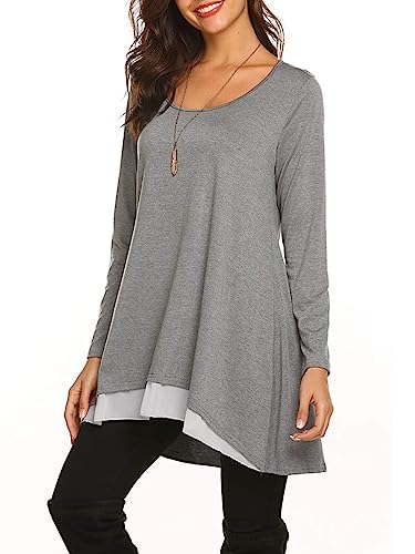 Poetsky Women's Long Sleeve Tunic Tops Layered Chiffon Hem Blouses Shirts - color: A-grey, size: Medium
