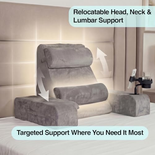 Reading Pillow for Adults – 24in XL, Cup Holder, Phone Caddy & Tray Mount - color: Grey