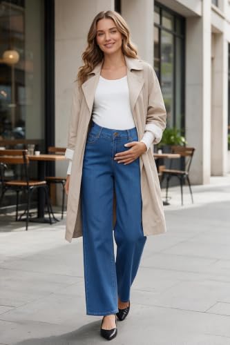 OUGES Women’s Maternity Jeans Adjustable Waistband Wide Leg Work Pants - color: Blue, size: Small