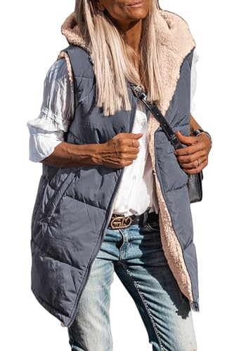 PRETTYGARDEN Women's Winter Reversible Fleece Long Vests - color: Grey Blue, size: Medium