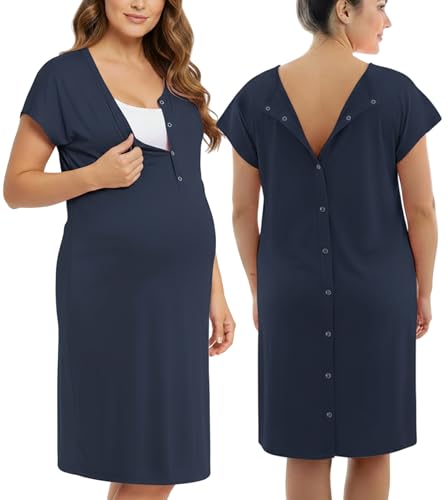 PATPAT Maternity Labor and Delivery Gown, Womens Hospital Gown with Pockets - color: Navy Blue, size: X-Large (Fit XL/XXL)