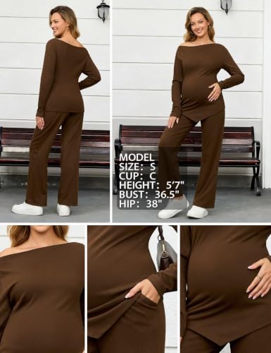 Bhome Maternity Sets 2 Piece Outfits Casual Pregnancy Loungewear - color: Brown, size: Large