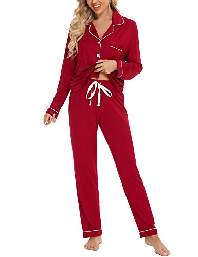 Anjue Pajamas For Women Set Long Sleeve Button Up Sleepwear Soft Pjs - color: Wine Red, size: Small