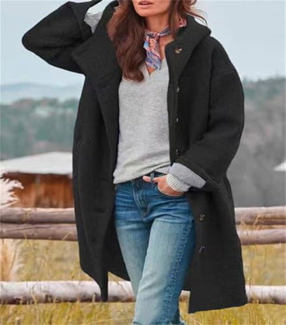 chouyatou Women's Winter Single Breasted Long Wool Coat with Hood Casual Wool Blend Trench Coat Jacket - color: Black, size: Small