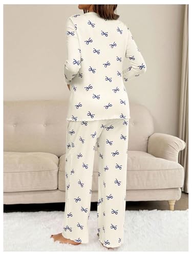 WDIRARA Women's 2 Piece Maternity Lounge Sets Bow Print Long Sleeve Sleepwear Pants Pajama Sets