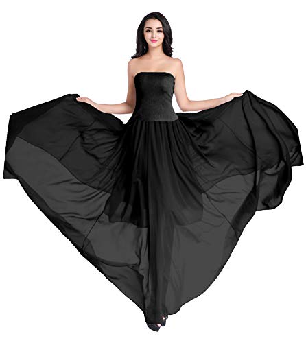 v28 Women Full/Ankle Length Elastic Pleated Retro Maxi Chiffon Long Skirt - color: Black, size: 3X-Large