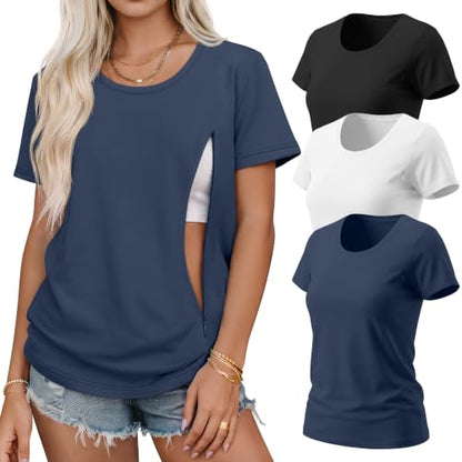 3 Pack Nursing Tops for Women - color: Haze Blue, White, Black, size: Large