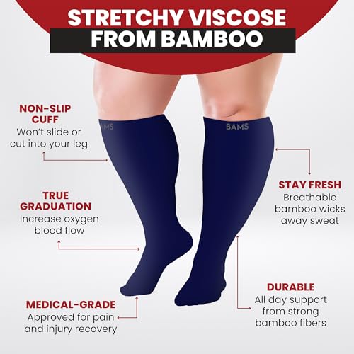 BAMS Plus Size Compression Socks Wide Calf XL XXL XXXL – Graduated Knee-High Support, Viscose from Bamboo Easy-On/Easy-Off - color: Navy, size: 3X-Large