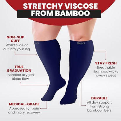 BAMS Plus Size Compression Socks Wide Calf XL XXL XXXL – Graduated Knee-High Support, Viscose from Bamboo Easy-On/Easy-Off - color: Navy, size: 3X-Large
