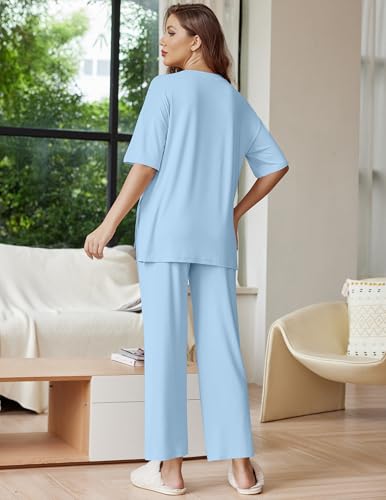 Ekouaer Lounge Sets for Women Soft Comfy Pajama Set 2 Piece Outfits - color: Clear Blue, size: Medium