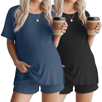 Riyiper 4 Pcs 100% Cotton Maternity Pajamas Sets - color: Blue, Black, size: Medium