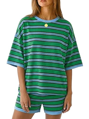 Tankaneo Womens 2 Piece Pajama Sets Oversized Tops Loose Shorts Lounge Sets - color: A-striped Green, size: X-Large