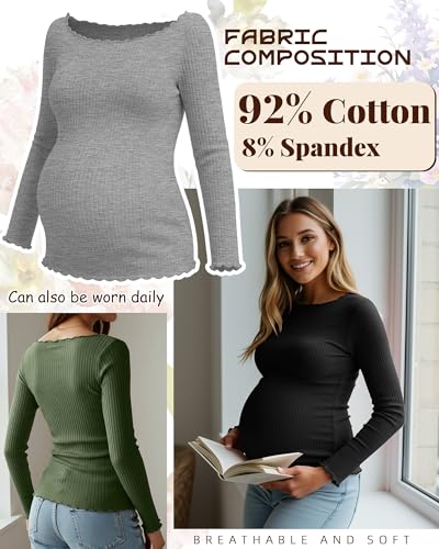 3 Pack Women's Maternity Long Sleeve Cotton Shirts - color: Black, Army Green, Light Gray, size: Medium