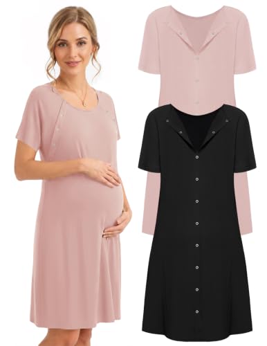 2 Pack Labor and Delivery Gown 3 in 1 Maternity Nursing Hospital Nightgown - color: 2 Pcs - Black + Dirty Pink, size: Medium