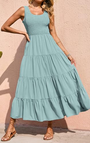 PRETTYGARDEN Women's Smocked Tank Casual Plain Maxi Sundress with Pockets - color: Aqua Green, size: Large