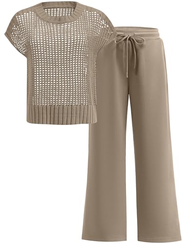 ANRABESS Women Two Piece Outfits Crochet Lounge Matching Travel Sets - color: Light Brown, size: Medium