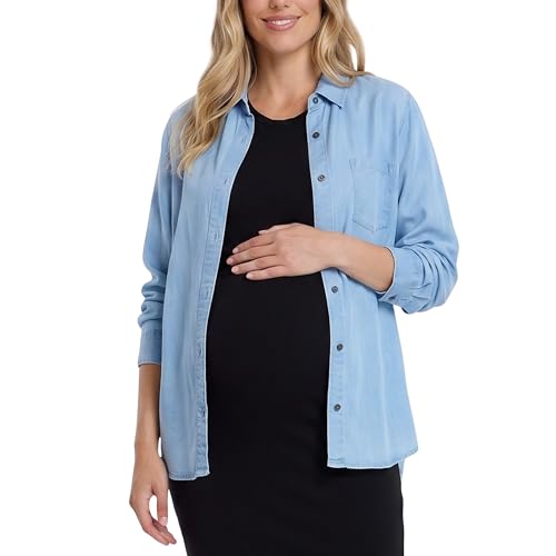 Motherhood Maternity Women's Button Down Poplin Long Sleeve Pregnancy Shirt - color: Chambray, size: Small