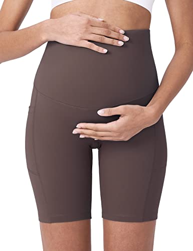 POSHDIVAH Maternity Biker Shorts Over the Belly with Pockets 5"/8" - color: Dark Brown, size: Medium