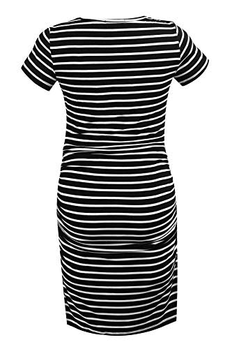 Smallshow Women's Short Sleeve Maternity Dress Ruched Pregnancy Clothes - color: Black Stripe, size: Small