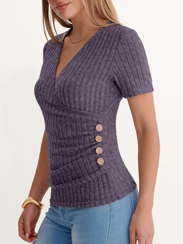 ANRABESS Women Short Sleeve V Neck Shirts - color: Purple, size: Medium