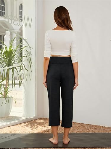 Maternity Capri Pants, Over The Belly Pregnancy Pants with Pocket - color: Black, size: Medium