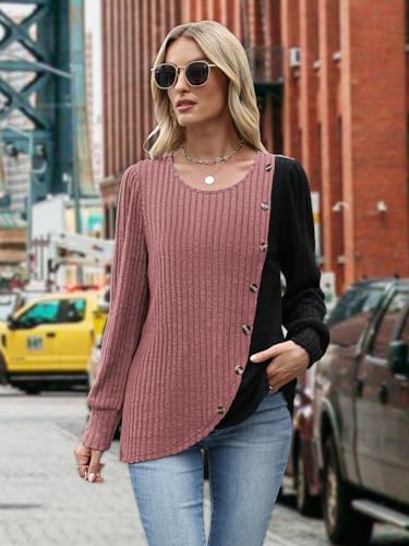 MixShe Womens Knit Sweaters 2026 Fall Winter Casual Long Sleeve Ribbed Colorblock Button Pullover Tops - color: Light Red, size: Small