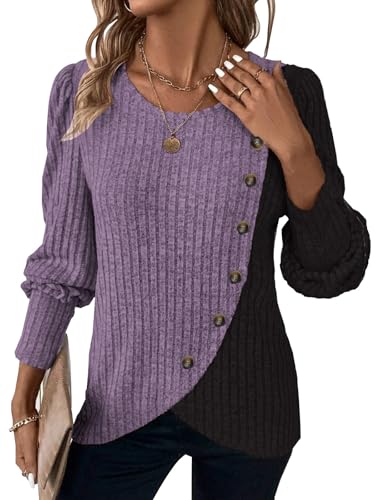MixShe Womens Knit Sweaters 2026 Fall Winter Casual Long Sleeve Ribbed Colorblock Button Pullover Tops - color: Purple, size: Large