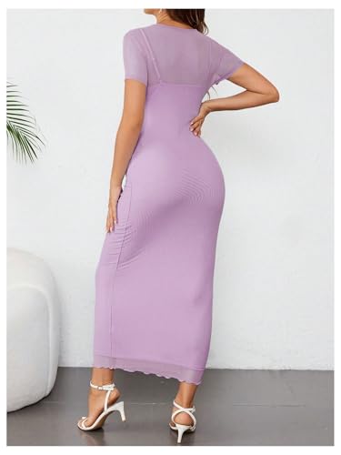 OYOANGLE Women's Maternity Sheer Short Sleeve Bodycon Dresses - color: Purple, size: Large