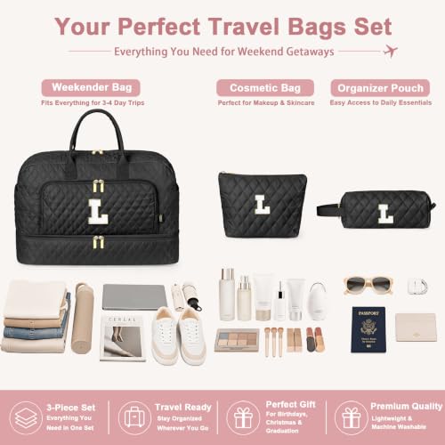 TIBES Birthday Graduation Gift for Her, Initial Weekender Bag for Women 45L - color: Black Diamond Quilted, style: L