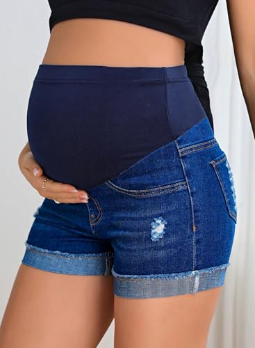 BLENCOT Maternity Jean Shorts Over Belly Stretchy Fold Hem Denim Pants - color: Sail Blue, size: Medium