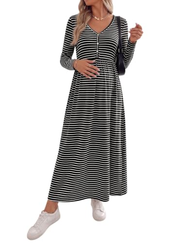 BLENCOT Maternity Dress V Neck Long Sleeve Striped Button Down Maxi Dresses - color: Black, size: Large