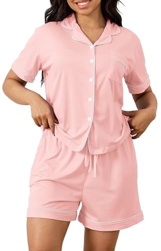 Vopmocld Women Pajama Shorts Sets Cozy 2pcs Button Down Sleepwear Solid PJS - color: Light Pink, size: Large