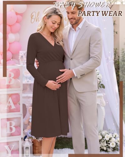 Locoowai Maternity Long Sleeve Dress Fall Wrap Nursing Dress - color: Brown, size: Large