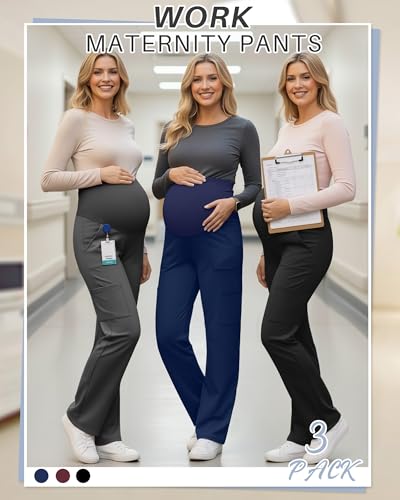 3 Pack Women's Maternity Scrub Pants with 6 Pockets - color: Black, Dark Gray, Navy Blue, size: Medium