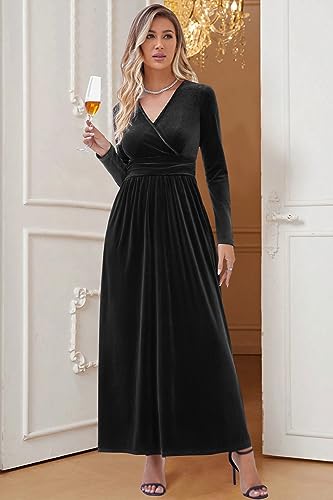 OUGES Women's Warp Pockets Maxi Fall Winter Cocktail Formal Dress 2026 - color: G-velvet Black, size: Small
