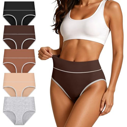 Women’s Cotton Underwear, High Waist, Full Coverage Briefs, 5 Pack - color: Black/Coffee Brown/Camel/Deep Apricot/Heather Gray, size: 4X-Large