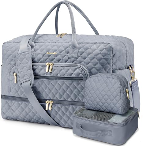 Large Women Travel Duffle Bag, Weekender Bags for Women with Shoe Compartment, Carry on Overnight Bag with Toiletry Bag, Gym Duffel Bag with Wet Pocket, Hospital Bags for Labor and Delivery 3 PCS Set - color: Grey Z - 3 Pcs