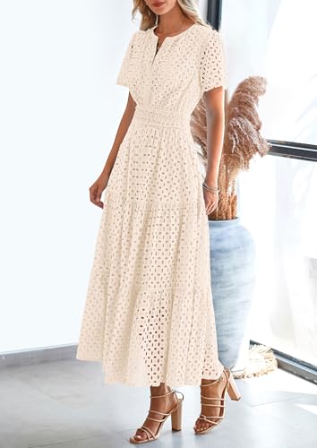 PRETTYGARDEN Women's Summer Hollow Out Eyelet Maxi Dress - color: Beige, size: Large