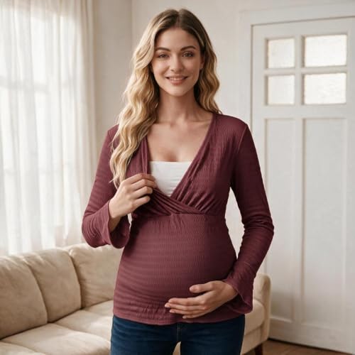 OUGES Women's Maternity Shirts Long Bell Sleeve Casual V Neck Tops Fall Fashion Textured Pregnancy Blouse - color: Wine Red, size: X-Large