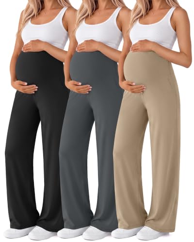 3 Pack Women's Maternity Yoga Pants with Pockets - color: Black, Dark Gray, Khaki, size: Medium