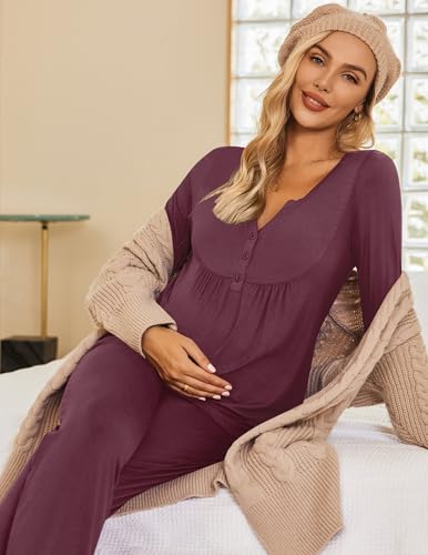 Ekouaer Maternity Nursing Pajama Set Long Sleeve Postpartum Pjs Mom Clothes - color: Burgundy, size: X-Large