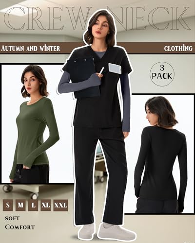 Neer 3 Pack Womens Long Sleeve Underscrub Shirts - color: Black, Dark Gray, Army Green, size: X-Small