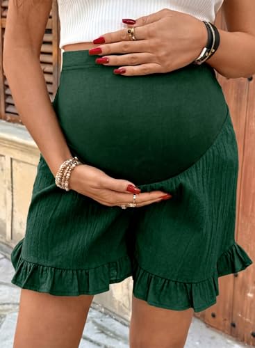 BLENCOT Maternity Shorts Over Belly Ruffle Hem Pregnancy Clothes - color: Blackish Green, size: Large