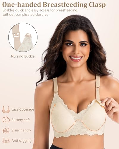 Lace Nursing Bras for Breastfeeding, Wireless Maternity Bra - color: Beige/White, size: X-Large